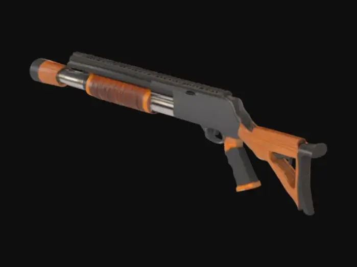 3D model for #game figure#A hockey stick shotgun hybrid with a reinforced hockey stick body and an integrated shotgun barrel running along the shaft. The muzzle is at the blade’s tip, allowing for close-range blasts while swinging. Pump-action or break-action reload near the handle. Wood or carbon fiber texture, wrapped in hockey tape for grip. Metal plating for durability. A fast, brutal weapon blending sports and firepower for intense gameplay