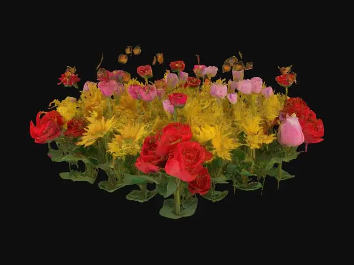 3D model for Flower Garden:

A vibrant garden with various flowers like roses, sunflowers, tulips, and daisies.

Include a butterfly or two and perhaps some bees buzzing around for added life.