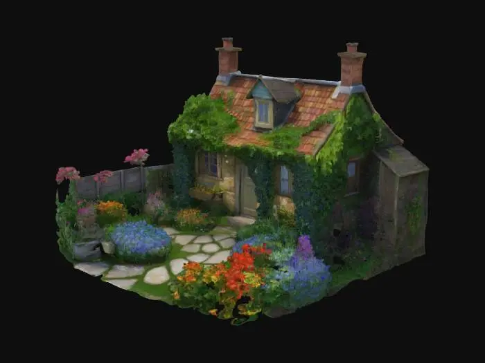 3D model for Rustic Cottage Garden:
A quaint garden surrounding a small cottage with ivy climbing up the walls, stone pathways, and colorful flower beds.
You could add a wooden fence and a rustic garden shed