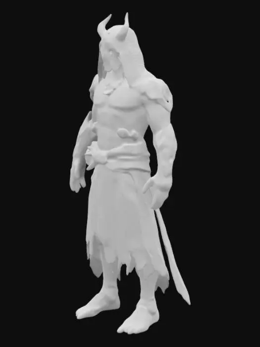 3D model for Voodoo Cyborg Doctor: A menacing fusion of ancient mysticism and futuristic technology. The head features glowing fiery eyes and intricate tribal markings. The body is buff and muscular, with mechanical enhancements visible under torn robes. Cybernetic arms and legs are mixed with organic, scarred skin. Black, red, and white color scheme dominates the design, with glowing red accents. Ritualistic symbols are etched into the cybernetic components, and a dark aura surrounds the character