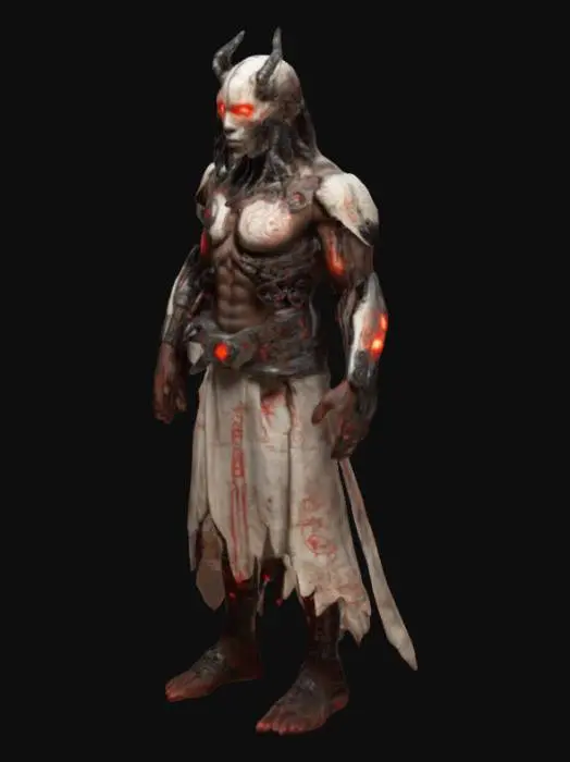 3D model for Voodoo Cyborg Doctor: A menacing fusion of ancient mysticism and futuristic technology. The head features glowing fiery eyes and intricate tribal markings. The body is buff and muscular, with mechanical enhancements visible under torn robes. Cybernetic arms and legs are mixed with organic, scarred skin. Black, red, and white color scheme dominates the design, with glowing red accents. Ritualistic symbols are etched into the cybernetic components, and a dark aura surrounds the character