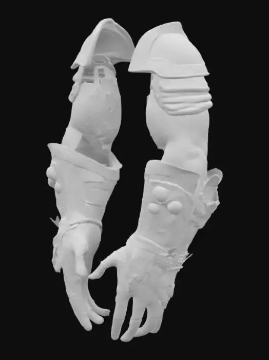 3D model for Samurai Arms for FPS: Create muscular arms with samurai-style armor. Metallic plating on forearms, elbows, and shoulders with detailed engravings. Hands are designed for weapon use. game figure, with articulated fingers. Skin is tan, with visible tattoos or warpaint in dark colors. The armor blends shiny metal with weathered, realistic sections. The overall design is sleek, functional, and combines ancient samurai style with futuristic elements.