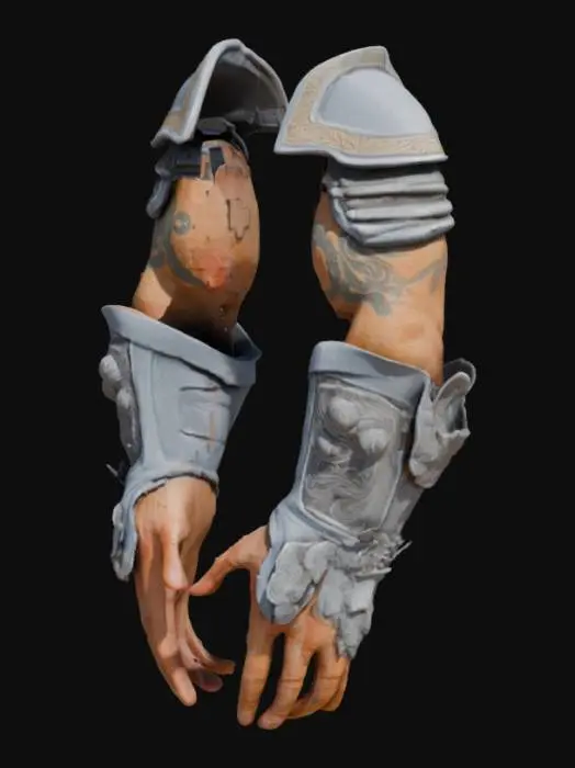 3D model for Samurai Arms for FPS: Create muscular arms with samurai-style armor. Metallic plating on forearms, elbows, and shoulders with detailed engravings. Hands are designed for weapon use. game figure, with articulated fingers. Skin is tan, with visible tattoos or warpaint in dark colors. The armor blends shiny metal with weathered, realistic sections. The overall design is sleek, functional, and combines ancient samurai style with futuristic elements.