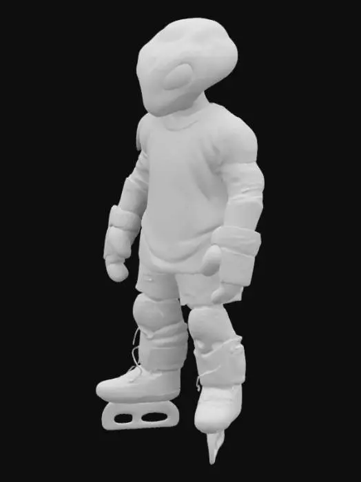 3D model for a space jam alien looking hockey player. game figure arms at their side. teal and pink