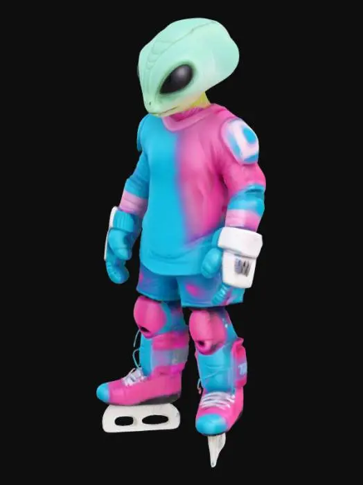 3D model for a space jam alien looking hockey player. game figure arms at their side. teal and pink