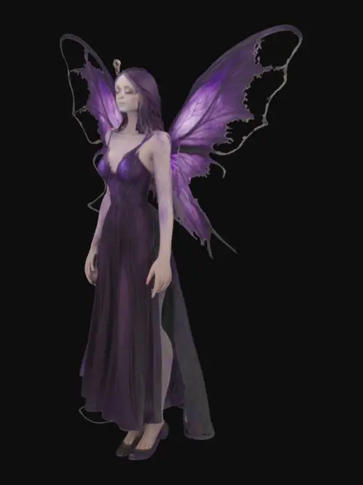 3D model for Shadow Whisperer – A fairy with dark, smoky wings, glowing purple veins, and a flowing, ethereal cloak
