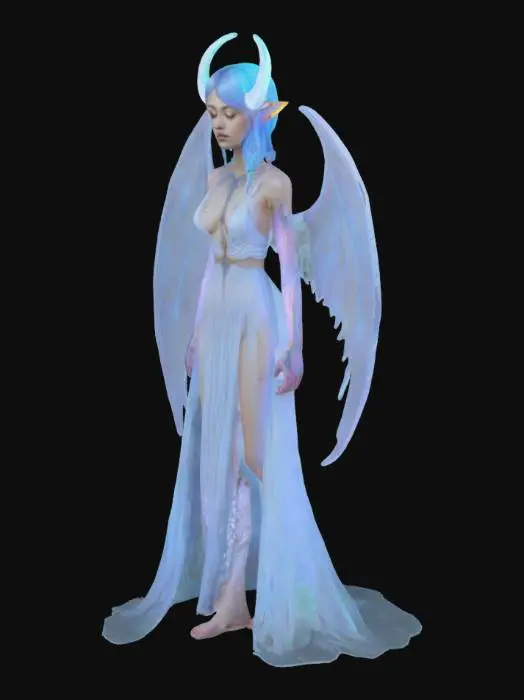 3D model for Twilight Guardian a powerful, serene, and mystical with intricate glowing bioluminescent tattoos adorning their arms, torso, and face complemented by delicate, crescent-moon shaped wings sprouting from their back that resembles the soft  tones of dusk, bold, expressive pencil marks and subtle texture of the paper visible, conveying a sense of ethereal mysticism and quiet strength, with the Guardian's facial features illuminated by the soft lunar glow of their tattoos, eyes blue and full body