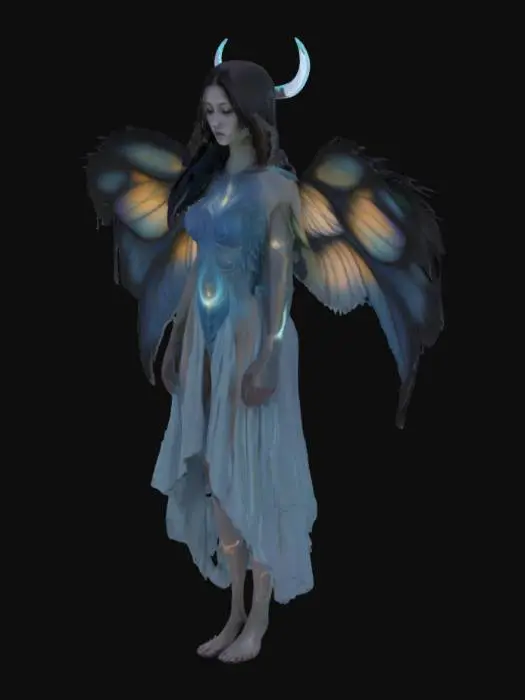 3D model for Twilight Guardian a powerful, serene, and mystical with intricate glowing bioluminescent tattoos adorning their arms, torso, and face complemented by delicate, crescent-moon shaped wings sprouting from their back that resembles the soft  tones of dusk, bold, expressive pencil marks and subtle texture of the paper visible, conveying a sense of ethereal mysticism and quiet strength, with the Guardian's facial features illuminated by the soft lunar glow of their tattoos, eyes blue and full body