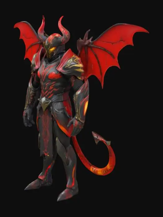 3D model for Warframe inspired Name: Red Devil by Man Utd’s nickname)
Theme: Football Warrior
Colors: Red, black, gold
Look: Demonic knight armor with sharp edges, glowing fiery cracks, and a devil-horned helmet.
full body