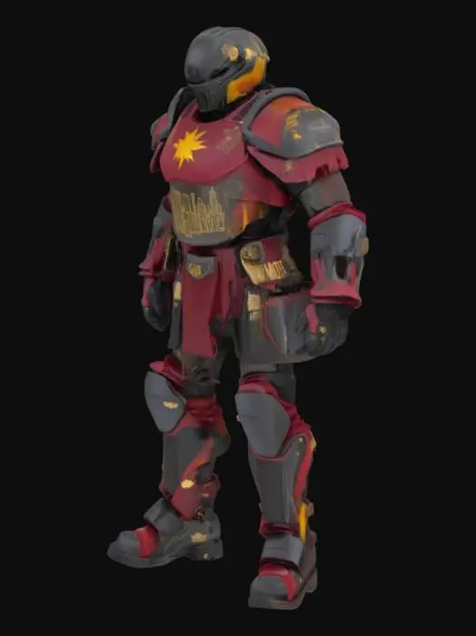3D model for Name: Motor (Grit & Glory Warrior)
Theme: Industrial soccer Titan
Colors: Maroon, gold, black
Look: Steel-plated armor with graffiti-style engravings, a Detroit skyline chest plate, and a glowing star emblem.