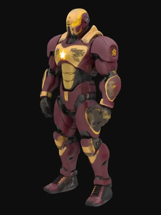 3D model for Name: Motor (Grit & Glory Warrior)
Theme: Industrial soccer Titan
Colors: Maroon, gold, black
Look: Steel-plated armor with graffiti-style engravings, a Detroit skyline chest plate, and a glowing star emblem.