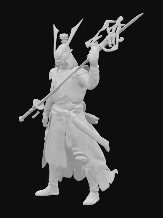 3D model for A battle-worn warrior, cyborg samurai, part ronin, stands victorious in a twilight-lit battlefield. His blade hums with an eerie glow, dripping with swirling ink-like energy. His tattered coat bears the phrase “Stay Sharp, Keep Slashing” in radiant kanji. The wind howls through the silent field, embers drifting like fireflies into the night.