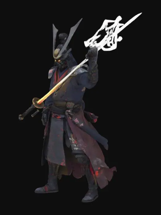 3D model for A battle-worn warrior, cyborg samurai, part ronin, stands victorious in a twilight-lit battlefield. His blade hums with an eerie glow, dripping with swirling ink-like energy. His tattered coat bears the phrase “Stay Sharp, Keep Slashing” in radiant kanji. The wind howls through the silent field, embers drifting like fireflies into the night.