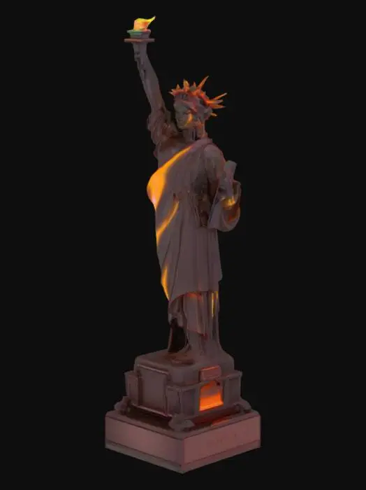 3D model for Statue of Liberty	Neon Cyber‑Guardian: Lady Liberty reimagined as a holographic android, neon circuits glowing under translucent copper skin.	Emissive neon materials; glitch effects