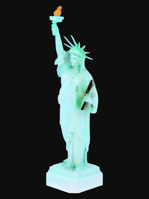 3D model for Statue of Liberty	Neon Cyber‑Guardian: Lady Liberty reimagined as a holographic android, neon circuits glowing under translucent copper skin.	Emissive neon materials; glitch effects