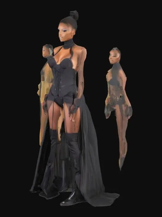 3D model for Her performance outfit includes a long silk robe jacket layered over a tight corset, paired with thigh-high boots. Another look features a wide-leg jumpsuit with a flowing organza cape, blending movement with drama. An alternate stage outfit is a modern gospel gown, detailed with mesh panels and styled with combat boots for contrast. She wears lace gloves

