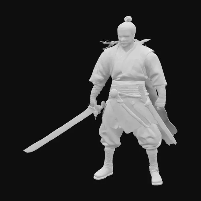 3D model for A battle-worn warrior, part samurai, part ronin, stands victorious in a twilight-lit battlefield. His blade hums with an eerie glow, dripping with swirling ink-like energy. His tattered coat bears the phrase “Stay Sharp, Keep Slashing” in radiant kanji. The wind howls through the silent field, embers drifting like fireflies into the night.