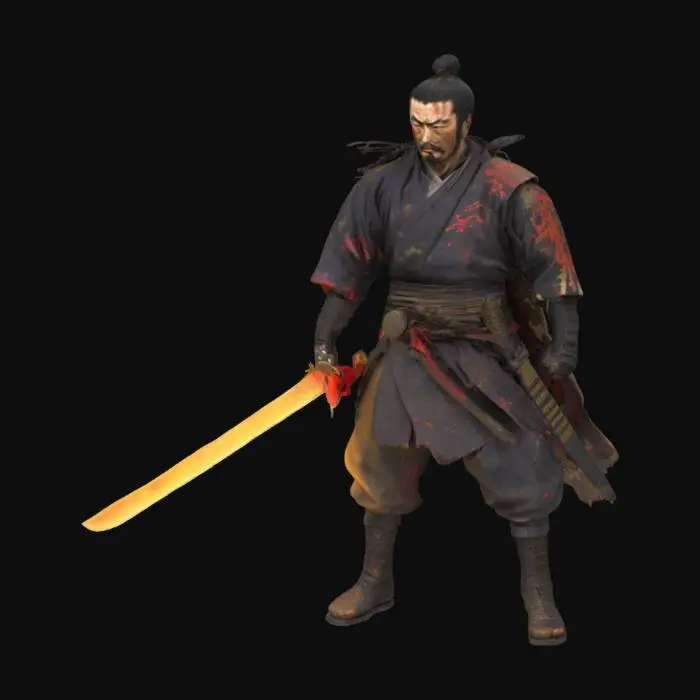 3D model for A battle-worn warrior, part samurai, part ronin, stands victorious in a twilight-lit battlefield. His blade hums with an eerie glow, dripping with swirling ink-like energy. His tattered coat bears the phrase “Stay Sharp, Keep Slashing” in radiant kanji. The wind howls through the silent field, embers drifting like fireflies into the night.