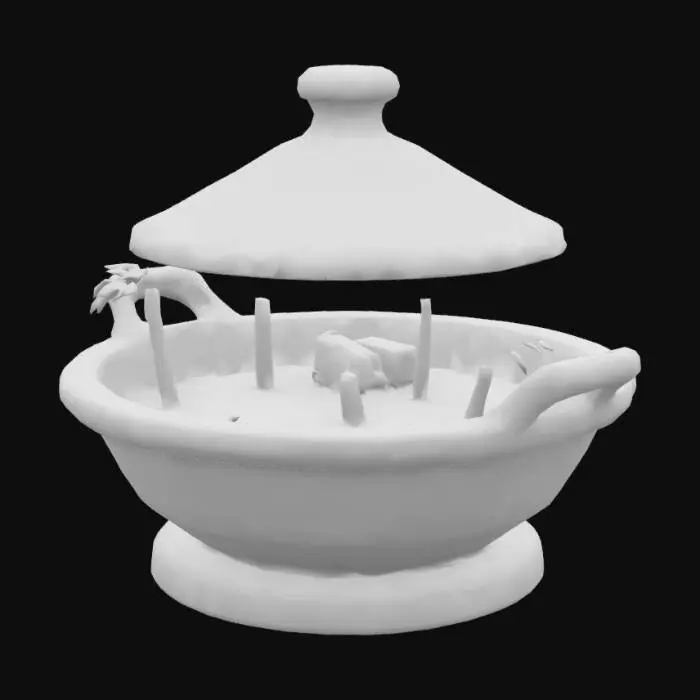 3D model for Moroccan Tagine Blooming Oasis: Tagine lid opens to reveal a miniature desert garden with palm trees, camels, and a tiny caravan.