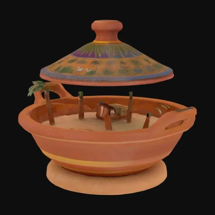 3D model for Moroccan Tagine Blooming Oasis: Tagine lid opens to reveal a miniature desert garden with palm trees, camels, and a tiny caravan.