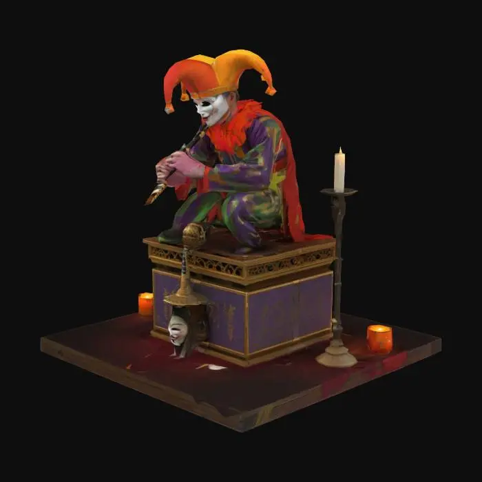 3D model for jester crouched on a raised dais, playing a breathy Shakuhachi flute. His motley hood is down, revealing slicked‑back hair and a half‑smile. Candlelight flickers on his mask‑topped scepter at his feet. Add subtle ghostly vocal echoes and bell chimes in the mix. Surround with court pillars draped in tattered banners. Emphasize atmospheric fog, high‑res breath particles, cinematic shader