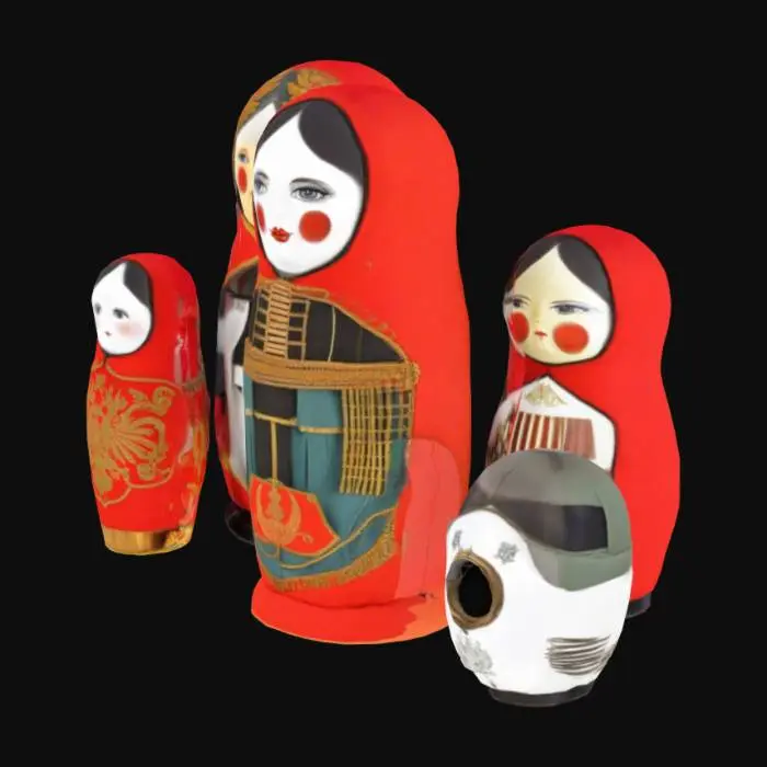 3D model for Outer Doll (Largest): Tsarist Russia (pre-1917), evoking imperial grandeur.

Second Doll: Soviet Era (1917–1991), with bold, industrial aesthetics.

Third Doll: Post-Soviet Transition (1990s–2000s), reflecting cultural rebirth.

Fourth Doll: Modern Russia (2000s–present), blending tradition and tech.

Innermost Doll (Smallest): Futuristic Russia (2100+), a sentient AI orb.

