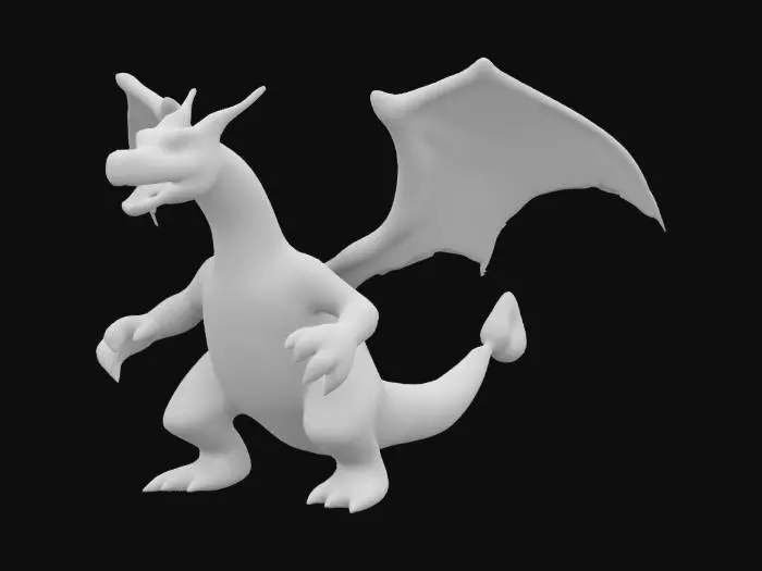 3D model for A hyper-realistic Charizard, resembling a powerful dragon with textured, scaly orange skin and large, leathery wings. Its body is muscular and robust, with sharp claws and a long, whip-like tail tipped with a flickering blue-orange flame. The eyes are intense and piercing, with a menacing yet intelligent expression. Its snout is detailed, with visible nostrils and sharp teeth, while its wings are stretched wide, showcasing veins and a semi-translucent membrane.