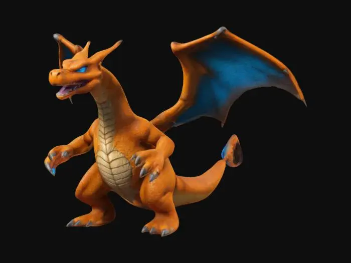 3D model for A hyper-realistic Charizard, resembling a powerful dragon with textured, scaly orange skin and large, leathery wings. Its body is muscular and robust, with sharp claws and a long, whip-like tail tipped with a flickering blue-orange flame. The eyes are intense and piercing, with a menacing yet intelligent expression. Its snout is detailed, with visible nostrils and sharp teeth, while its wings are stretched wide, showcasing veins and a semi-translucent membrane.