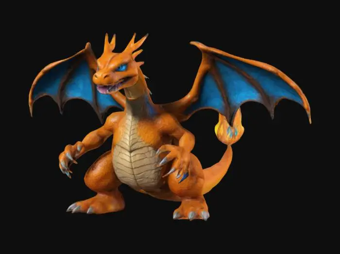 3D model for A hyper-realistic Charizard, resembling a powerful dragon with textured, scaly orange skin and large, leathery wings. Its body is muscular and robust, with sharp claws and a long, whip-like tail tipped with a flickering blue-orange flame. The eyes are intense and piercing, with a menacing yet intelligent expression. Its snout is detailed, with visible nostrils and sharp teeth, while its wings are stretched wide, showcasing veins and a semi-translucent membrane.