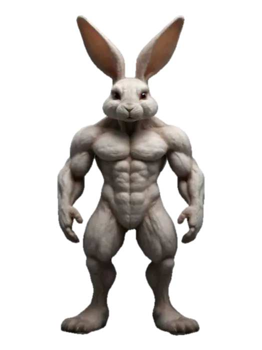 Modello 3D A muscular anthropomorphic rabbit with a strong, athletic build. Its body is covered in… - Cute, generato dall’IA