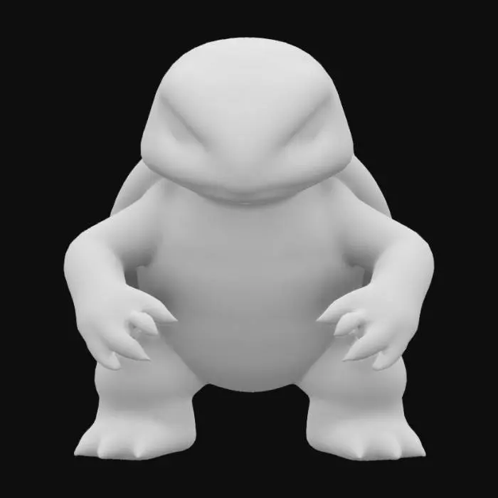 3D model for  cute but fierce version of Squirtle, with a more robust and muscular build. Its shell is smooth and shiny, with a metallic sheen, and its eyes are bright and determined. Its small limbs are strong, with sharper claws and a more aggressive posture. The tail is slightly longer and more fluid, as if ready to strike. While maintaining its classic blue color, Squirtle has a more battle-ready and confident appearance, exuding both innocence and strength.