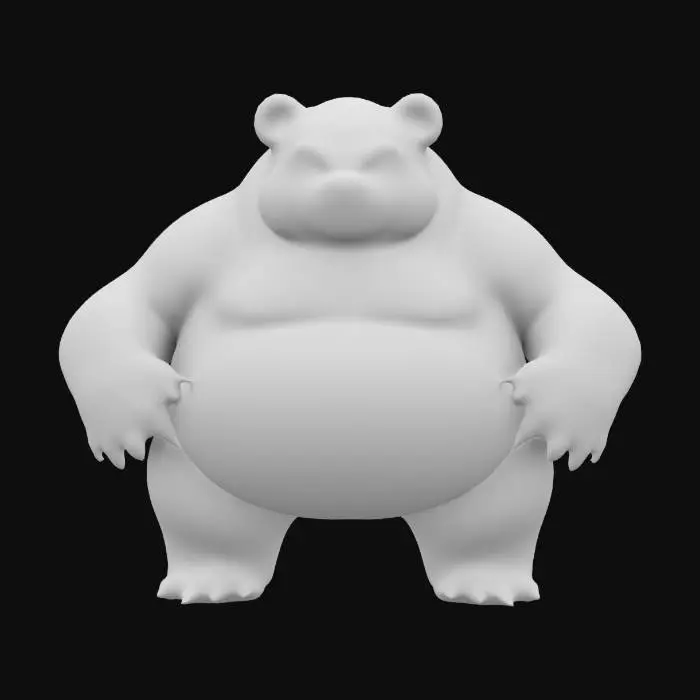 3D model for hyper-realistic version of Snorlax, resembling a large, powerful bear-like creature with thick fur and a massive, muscular build. Its body is plump yet solid, with a rounded, heavy frame that conveys both strength and comfort. The fur is textured and natural, with shades of blue and cream, and its face features expressive, deep eyes and a relaxed, yet determined expression. Its paws are large and powerful, with visible claws, and its posture is laid-back but imposing, giving it a gentle.