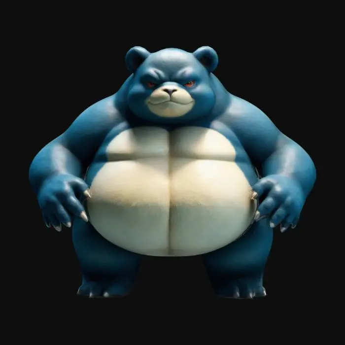 3D model for hyper-realistic version of Snorlax, resembling a large, powerful bear-like creature with thick fur and a massive, muscular build. Its body is plump yet solid, with a rounded, heavy frame that conveys both strength and comfort. The fur is textured and natural, with shades of blue and cream, and its face features expressive, deep eyes and a relaxed, yet determined expression. Its paws are large and powerful, with visible claws, and its posture is laid-back but imposing, giving it a gentle.