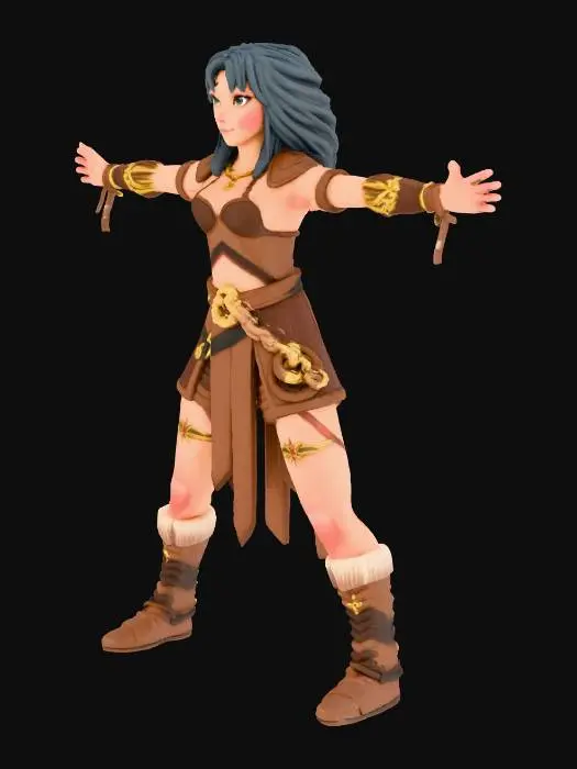 3D model for A full length photograph taken from the front of a small, elvish woman with long dark hair and light brown skin wearing leather armor and fur lined boots.  Her ears are long enough that the tips peek out through her hair. She is standing at ease with her hands at her sides.  She is looking slightly askance at the camera with a teasing smile.  The light comes from the left side of the photograph and the background is solid white.