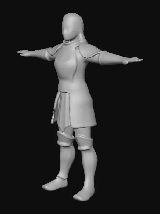 3D model for A low-poly RPG warrior character in T-pose, wearing medieval armor with shoulder pads, 
chest plate, and leg guards. Asian-inspired MMORPG style character similar to Metin2. 
Clean topology, game-ready model, neutral expression, humanoid proportions. 
Dark metal armor with red accents. Mobile-friendly polygon count.