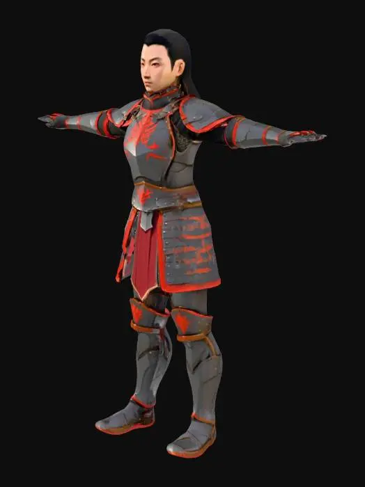 3D model for A low-poly RPG warrior character in T-pose, wearing medieval armor with shoulder pads, 
chest plate, and leg guards. Asian-inspired MMORPG style character similar to Metin2. 
Clean topology, game-ready model, neutral expression, humanoid proportions. 
Dark metal armor with red accents. Mobile-friendly polygon count.