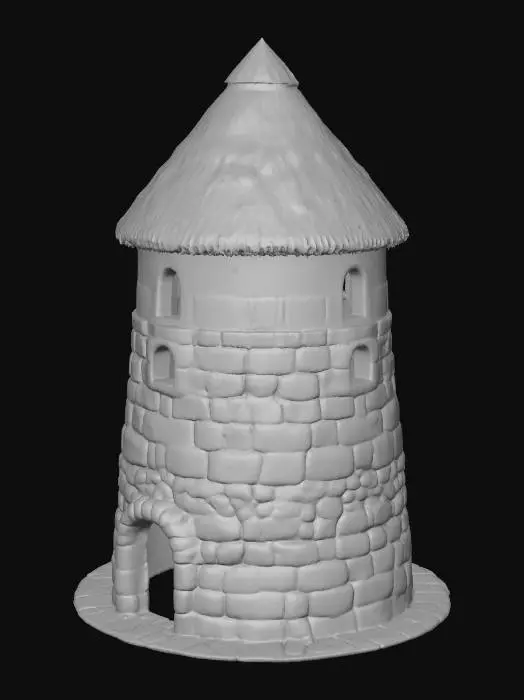 3D model for I want a detailed medieval style stone windmill building.  The entire blade section along with the each of blades of the windmill are missing.    The building should have a door and a few windows.  