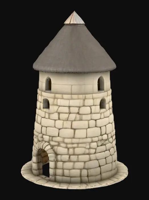 3D model for I want a detailed medieval style stone windmill building.  The entire blade section along with the each of blades of the windmill are missing.    The building should have a door and a few windows.  