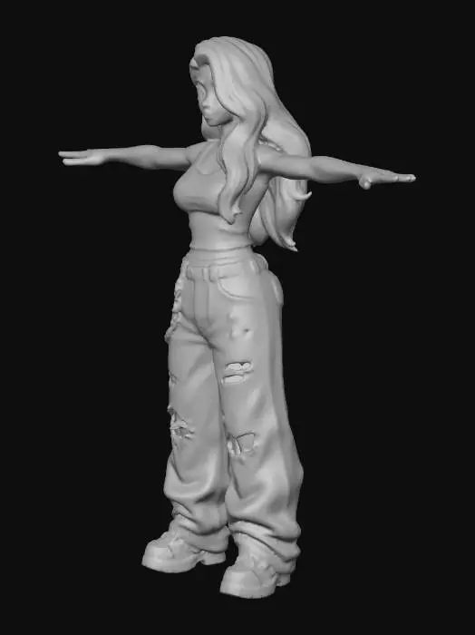 3D model for copia al personaje de anime, ,sin el arbol . usa colores y poses de modelo de revista sin usar poses con los dedos. todo el cuerpo en una imagen. estilo casual. desde el pantalon hasta los accesorios cadenas, usa jeans tipo baggy muy , los pechos en copa DD. mostrar el cuerpo entero en la imagen. personaje poco musculoso sin perder la forma femenina. no usar gorra. solo el cabello de distinto color. y estilo de cabello diferente