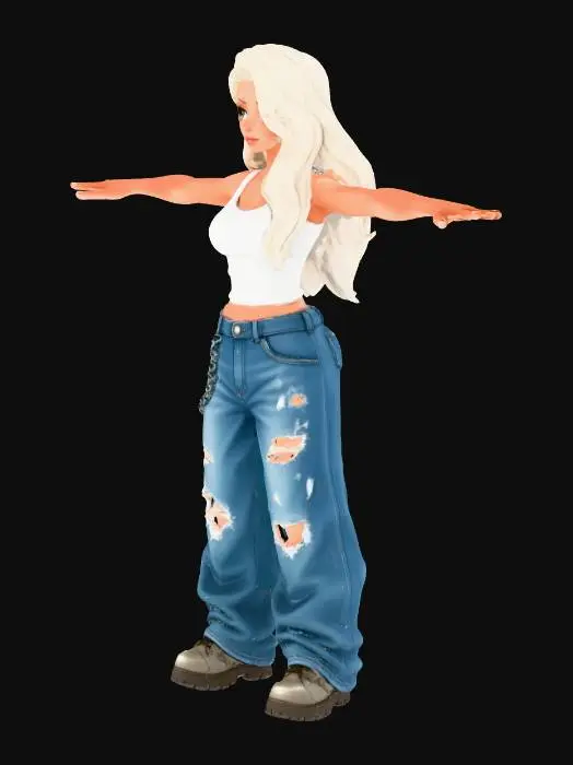 3D model for copia al personaje de anime, ,sin el arbol . usa colores y poses de modelo de revista sin usar poses con los dedos. todo el cuerpo en una imagen. estilo casual. desde el pantalon hasta los accesorios cadenas, usa jeans tipo baggy muy , los pechos en copa DD. mostrar el cuerpo entero en la imagen. personaje poco musculoso sin perder la forma femenina. no usar gorra. solo el cabello de distinto color. y estilo de cabello diferente