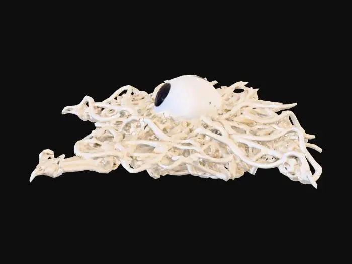 3D model for A chilling wall-hanging art piece made from an assemblage of sharp, interwoven, bones. The arrangement forms an abstract, skeletal design. It has an upsid down all seeing eye on its forehead