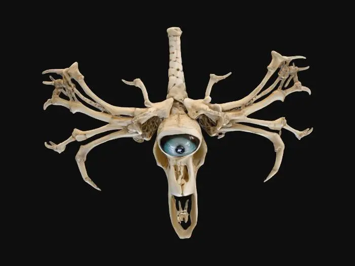 3D model for A chilling wall-hanging art piece made from an assemblage of sharp, interwoven, bones. The arrangement forms an abstract, skeletal design. It has an upsid down all seeing eye on its forehead