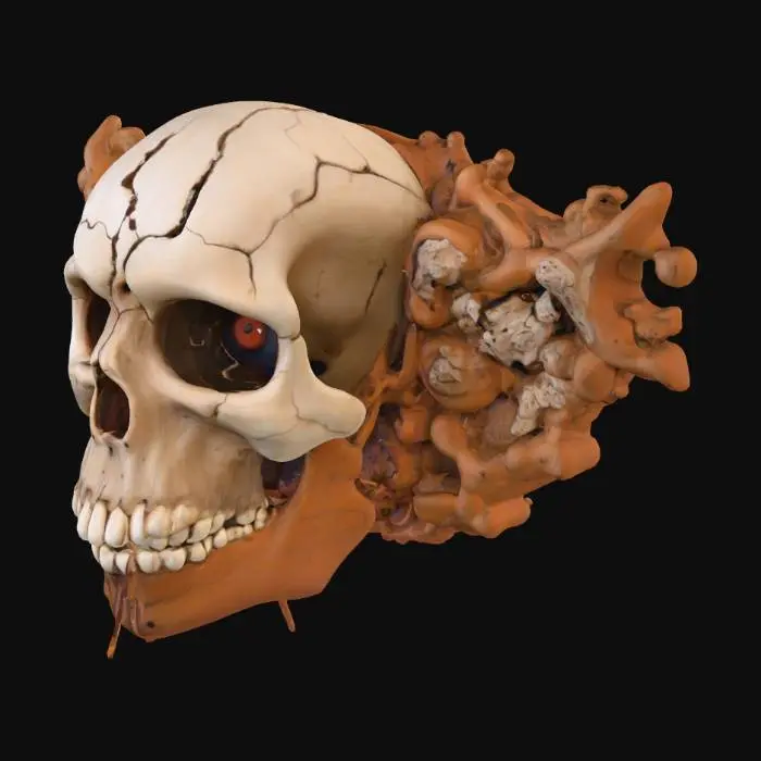 3D model for A horrific wall-hanging art piece made from an assemblage of broad, thick, interwoven branches and robust, bone-like fragments. The arrangement forms an abstract, skeletal design that casts unsettling shadows. Its eyes follow you. unnatural reddishbrown and grey textures are uneven and dry, giving it a warm, yet menacing presence, reminiscent of a forgotten Soul curse. Blair witch project meets true detective meets black dahlia