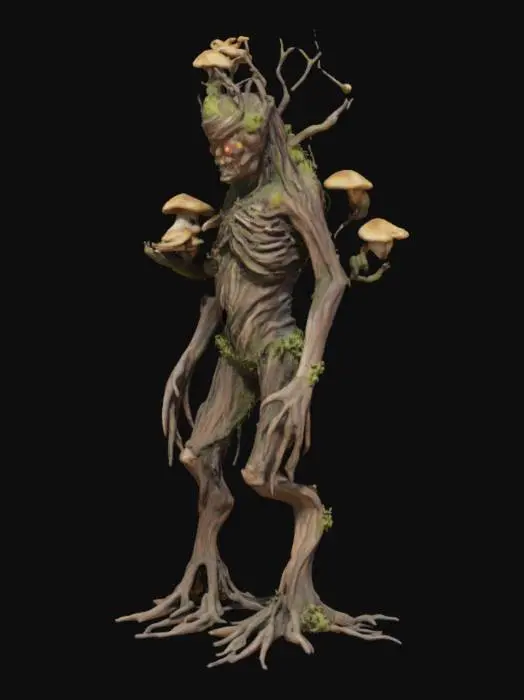 3D model for The object resembles a humanoid figure made of rough, twisted wood with branch-like limbs, adorned with moss and mushrooms, and features glowing eyes.