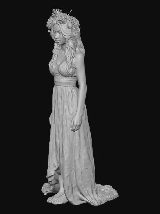 3D model for silhouette of a woman in long dress, side view, glowing red eyes, flower in hair, eerie atmosphere, sepia tone, minimalist style