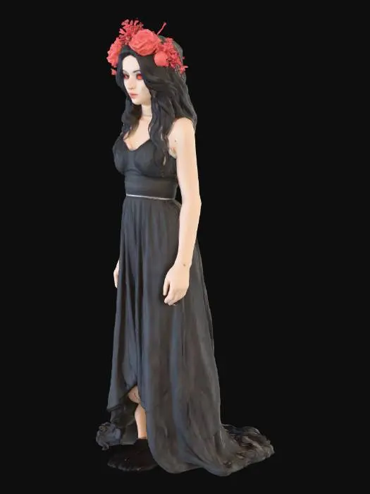 3D model for silhouette of a woman in long dress, side view, glowing red eyes, flower in hair, eerie atmosphere, sepia tone, minimalist style