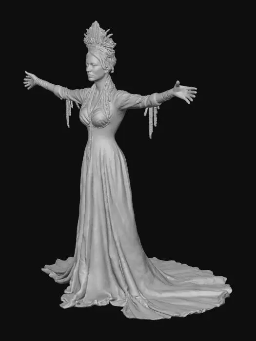 3D model for Black silhouette of a mysterious woman in vintage dress, profile view, glowing eyes, small white flower in hair, standing against old stained paper background. Art style: minimalistic, eerie, hand-drawn ink illustration, soft shadows, monochrome with sepia tint. No facial features except glowing eyes. Slightly surreal, atmospheric, quiet horror vibe.