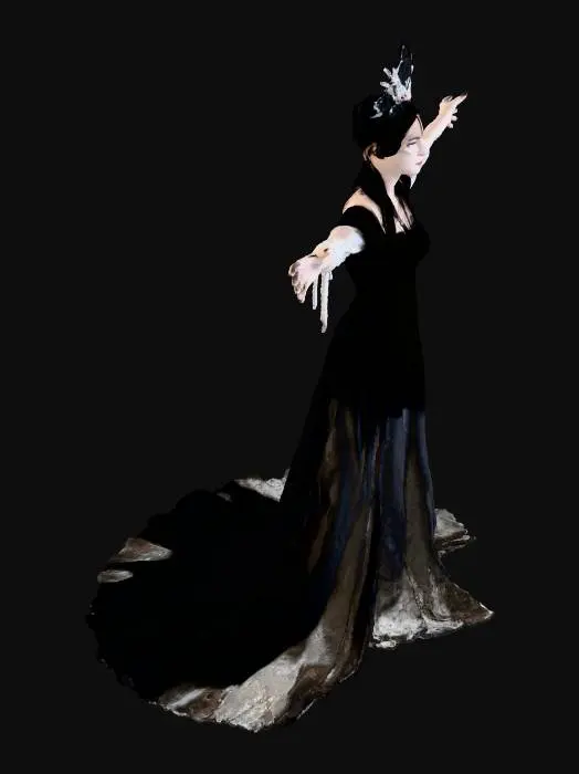 3D model for Black silhouette of a mysterious woman in vintage dress, profile view, glowing eyes, small white flower in hair, standing against old stained paper background. Art style: minimalistic, eerie, hand-drawn ink illustration, soft shadows, monochrome with sepia tint. No facial features except glowing eyes. Slightly surreal, atmospheric, quiet horror vibe.