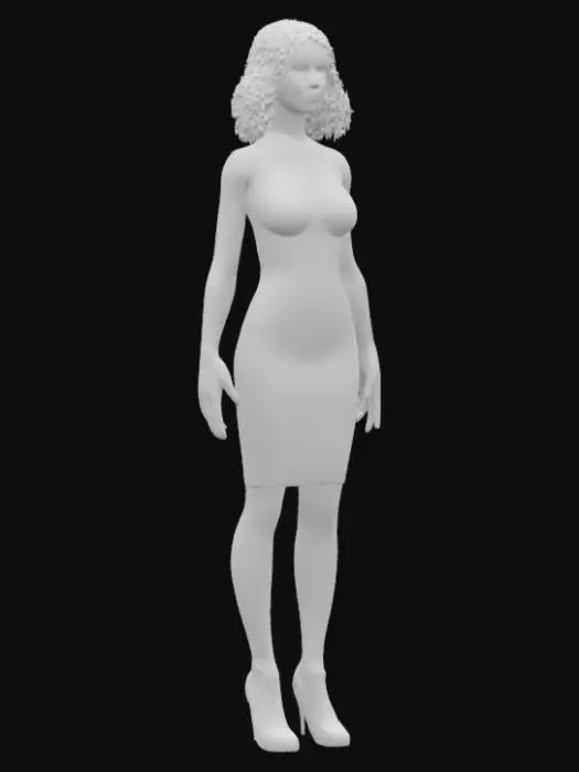 3D model for a young white female, in T pose, wearing extremely tight bodycon and heels and gloves in hand, detailed big massy and high density hair and face, HDRP,