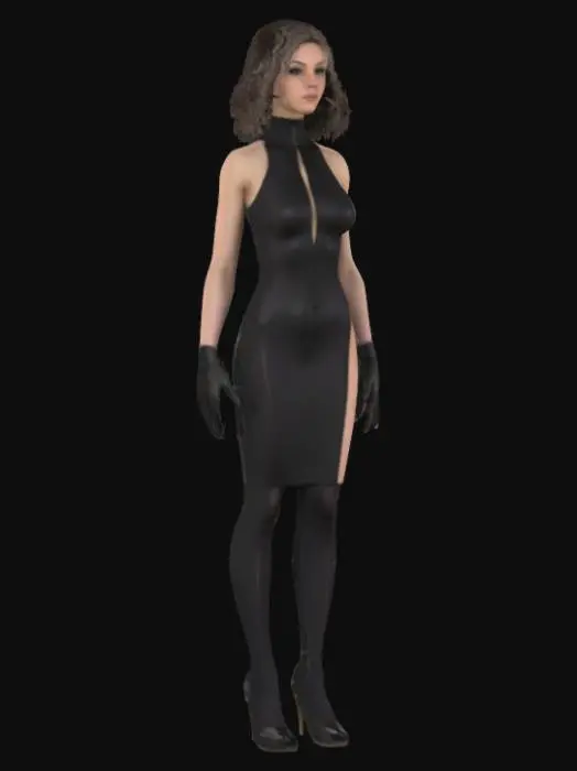 3D model for a young white female, in T pose, wearing extremely tight bodycon and heels and gloves in hand, detailed big massy and high density hair and face, HDRP,